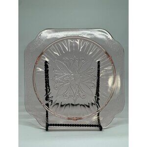 VTG Jeannette Glass Co. Adam Pink Footed Cake Plate Depression Floral Etching